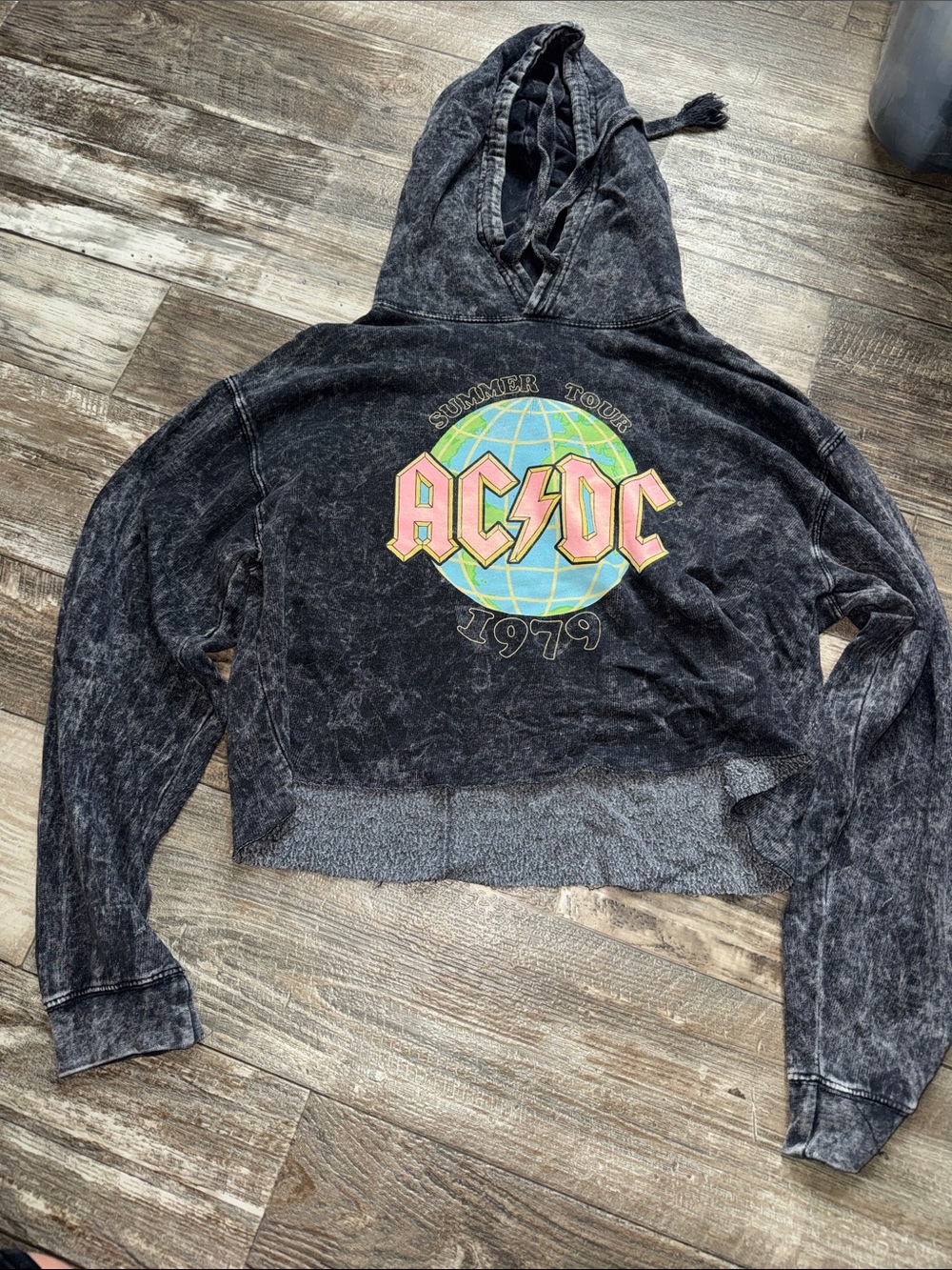 AC/DC Black Mineral Wash Hoodie with Pastel Globe Graphic Crop Hoodie